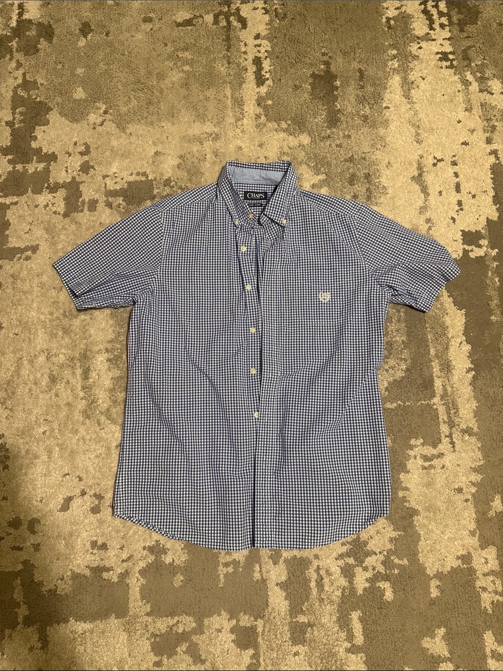 Chaps Blue and White Gingham Short Sleeve Button-Down Shirt